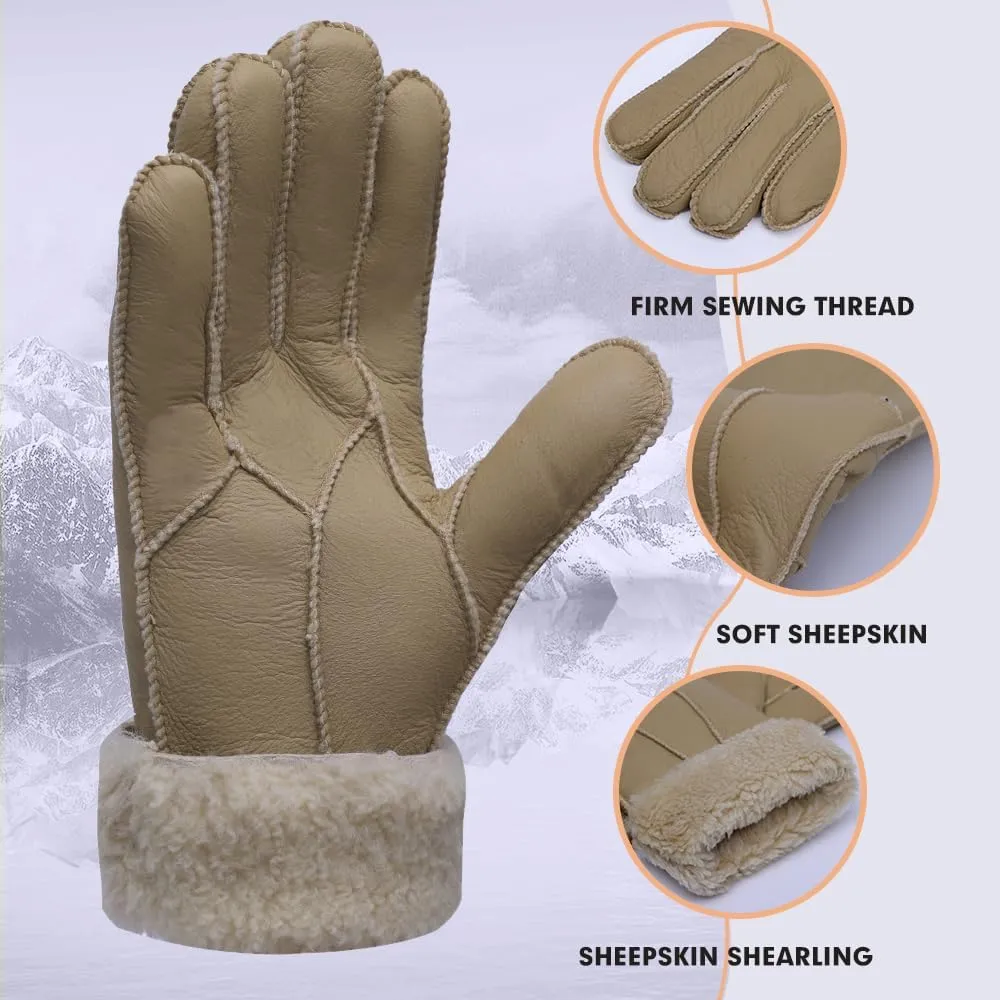 MGGMOKAY Women Leather Gloves Shearling Sheepskin Winter Warm Gloves Fur Lined