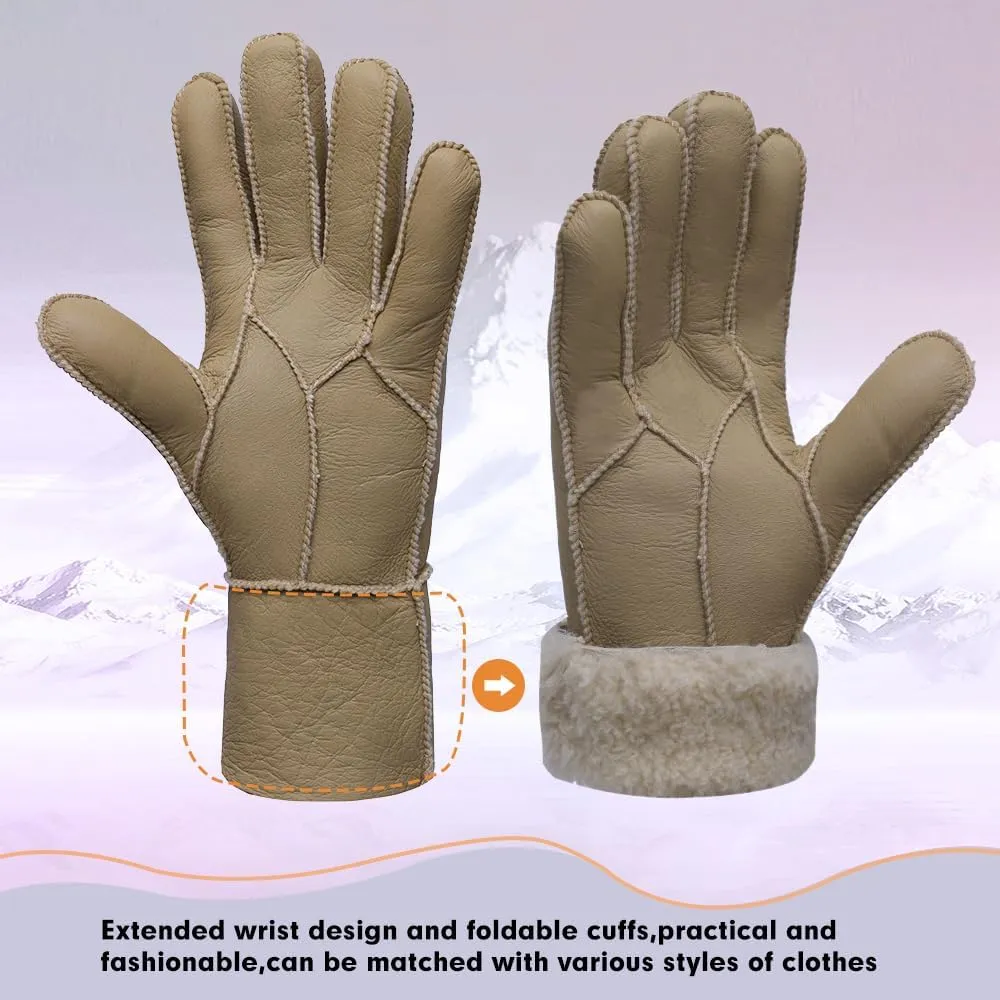 MGGMOKAY Women Leather Gloves Shearling Sheepskin Winter Warm Gloves Fur Lined