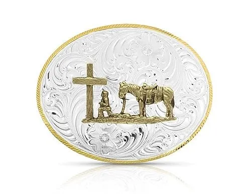 Montana Silversmiths Silver Belt Buckle, Praying Cowboy