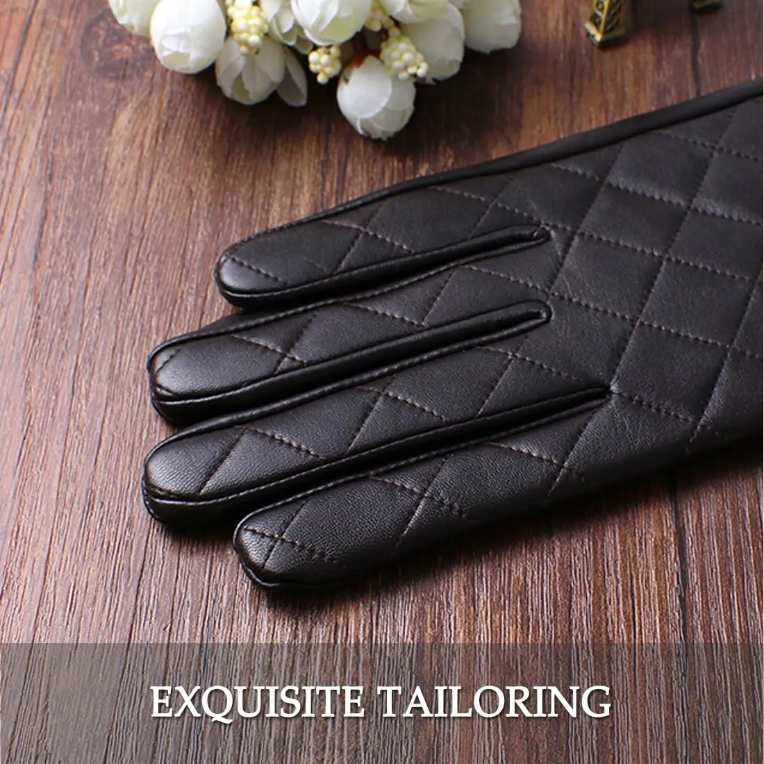 Nappaglo Men's Genuine Nappa Leather Quilted Stitch Winter Gloves Touchscreen Driving Mittens with Long Fleece Lining
