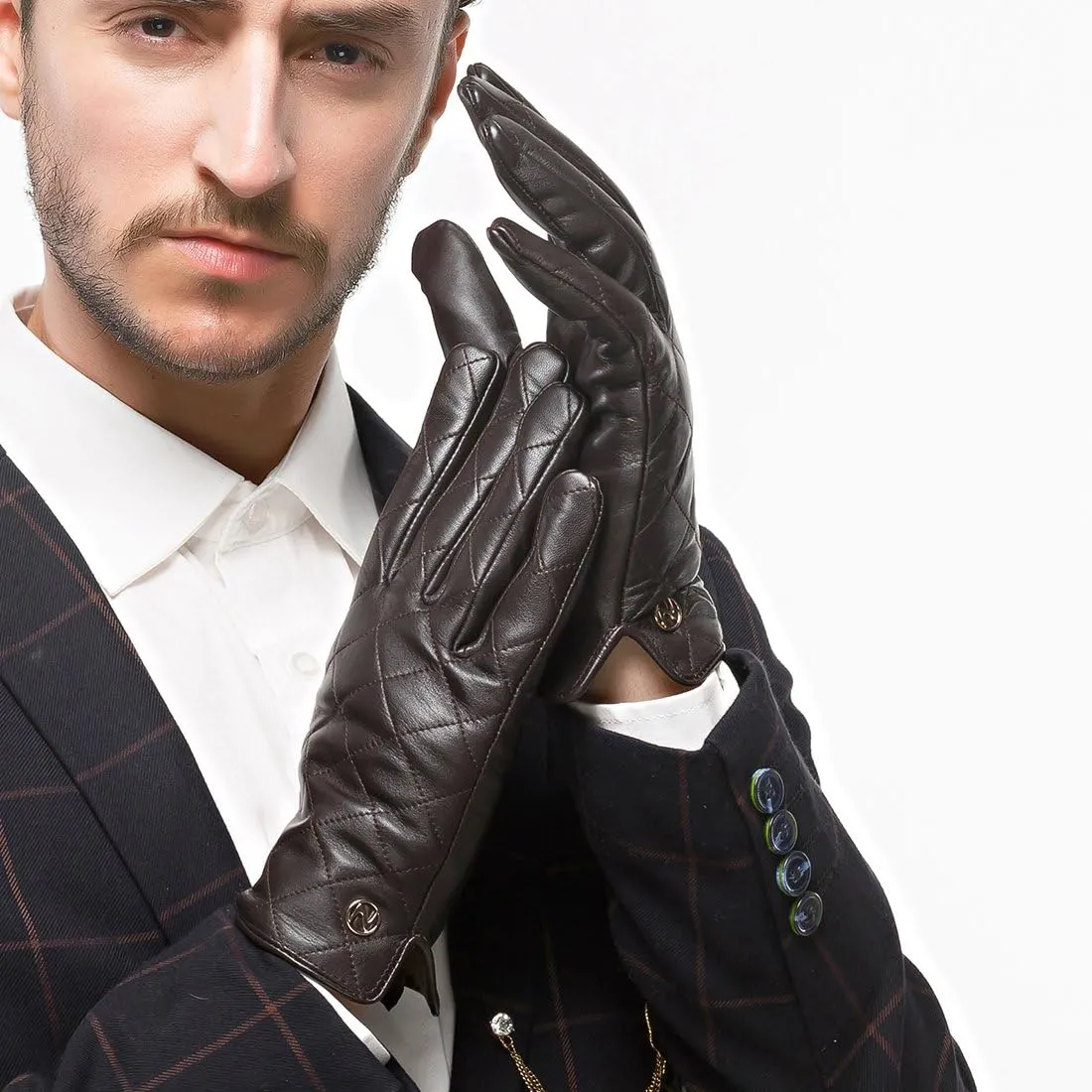 Nappaglo Men's Genuine Nappa Leather Quilted Stitch Winter Gloves Touchscreen Driving Mittens with Long Fleece Lining