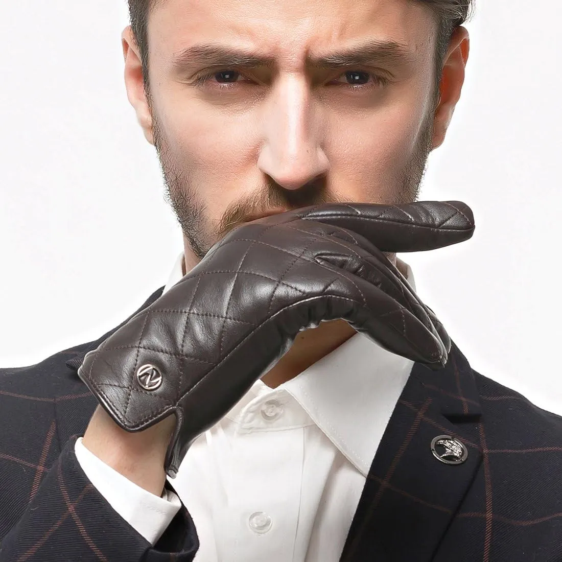 Nappaglo Men's Genuine Nappa Leather Quilted Stitch Winter Gloves Touchscreen Driving Mittens with Long Fleece Lining