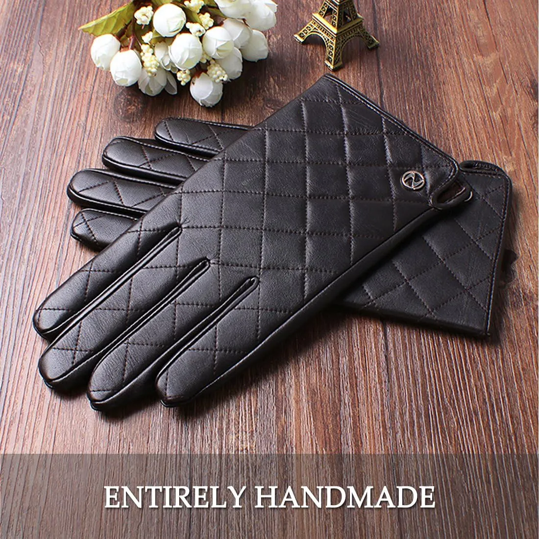 Nappaglo Men's Genuine Nappa Leather Quilted Stitch Winter Gloves Touchscreen Driving Mittens with Long Fleece Lining