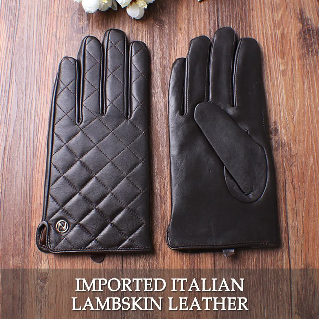 Nappaglo Men's Genuine Nappa Leather Quilted Stitch Winter Gloves Touchscreen Driving Mittens with Long Fleece Lining