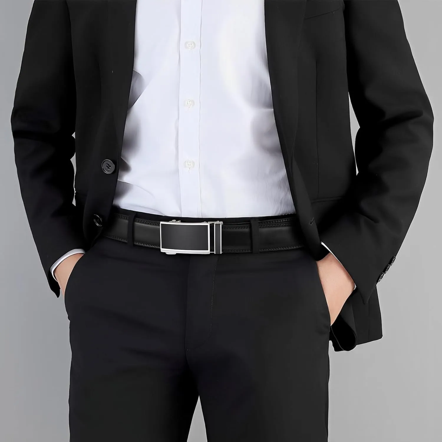Ratchet Belt for Men, Leather Dress Casual Belt with Adjustable Buckle-Trim to fit-35cm wide