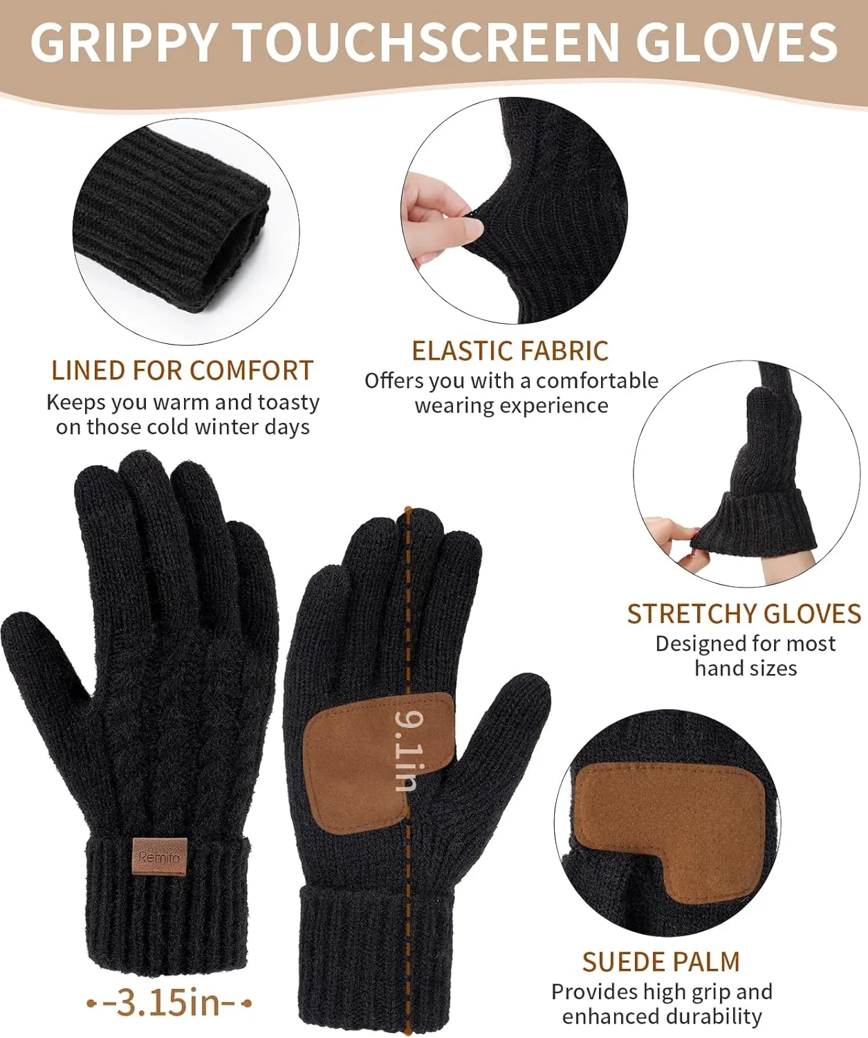 Remifa Winter Beanie Hat Scarf Gloves Set for Women, 3 PCS Pom Pom Hat Touchscreen Glove Long Neck Kint Scarf Christmas Gift
