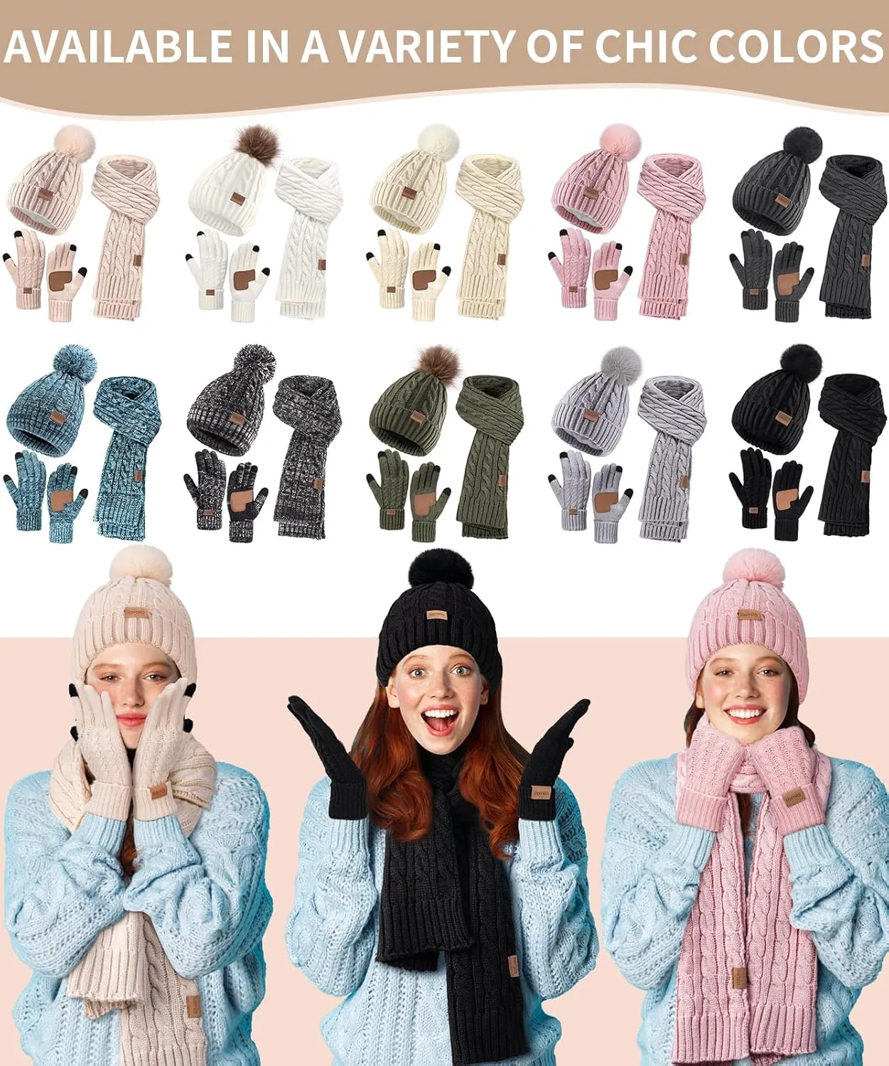 Remifa Winter Beanie Hat Scarf Gloves Set for Women, 3 PCS Pom Pom Hat Touchscreen Glove Long Neck Kint Scarf Christmas Gift