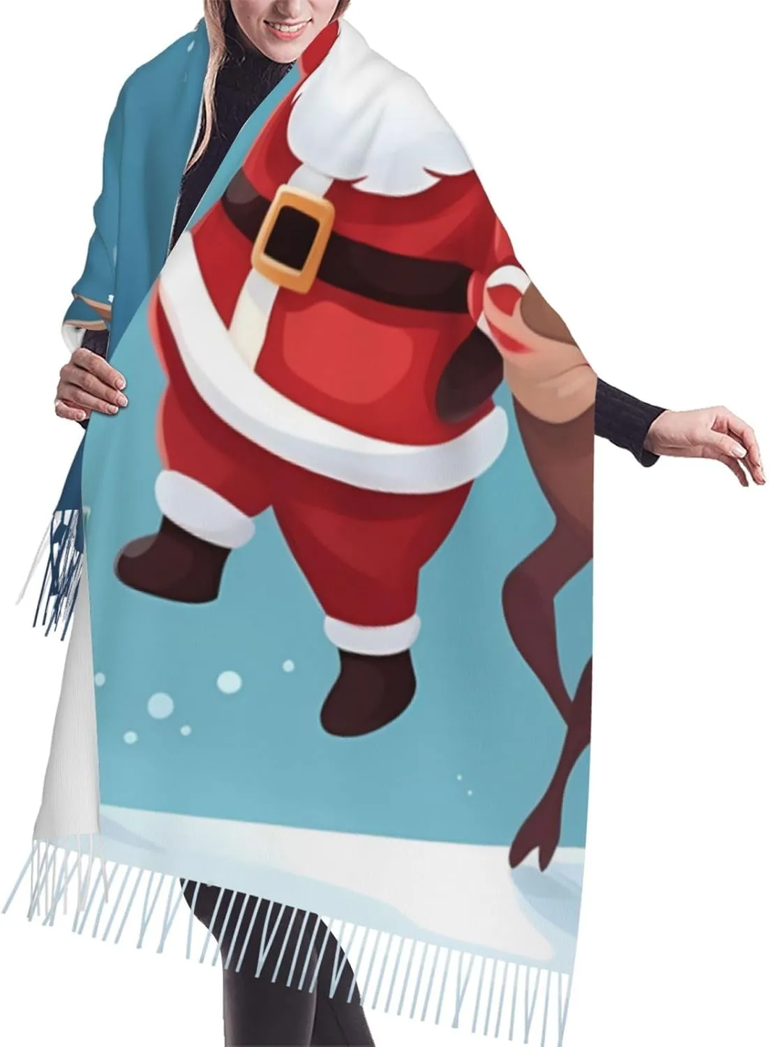 Santa Claus and Reindeer Women's Scarf Warm Soft Shawl Wrap Scarf Fall Winter Fashion Tassel Scarf Oversized Scarves Blanket for Men Women