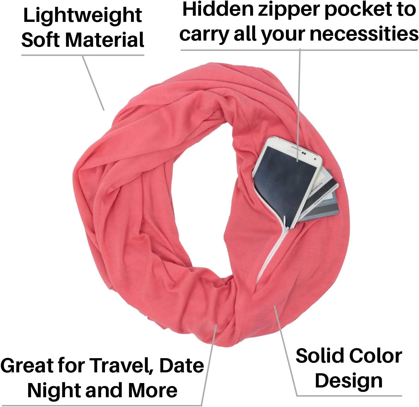 Solid Color Hidden Zipper Pocket Scarf - Fashion Scarf for Women - All Seasons