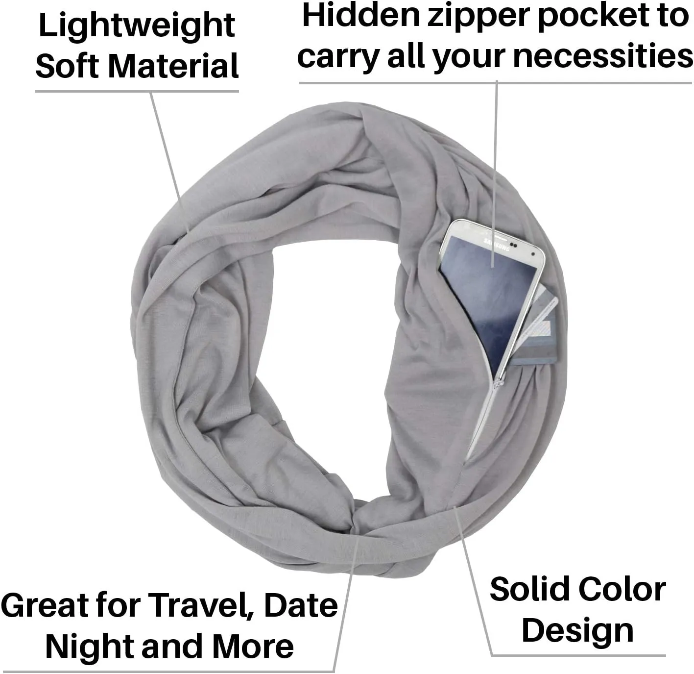 Solid Color Hidden Zipper Pocket Scarf - Fashion Scarf for Women - All Seasons