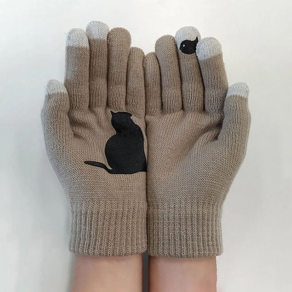Stylish Cat and Bird Printed Knitted Cashmere Winter Gloves