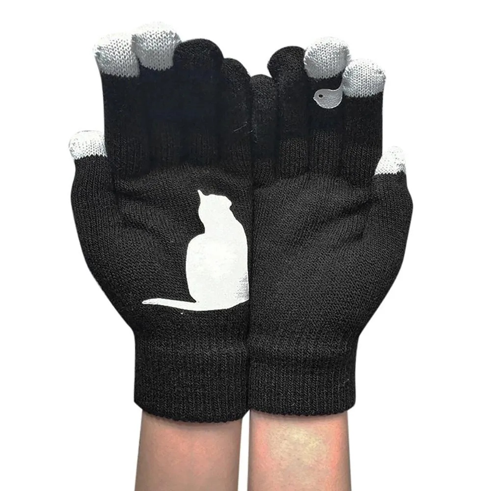 Stylish Cat and Bird Printed Knitted Cashmere Winter Gloves