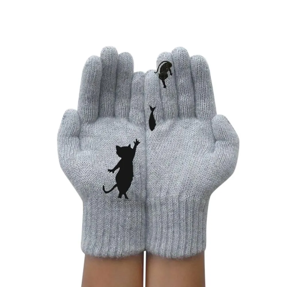 Stylish Cat and Bird Printed Knitted Cashmere Winter Gloves