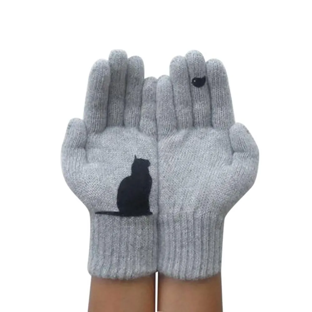 Stylish Cat and Bird Printed Knitted Cashmere Winter Gloves