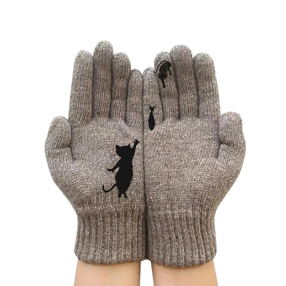 Stylish Cat and Bird Printed Knitted Cashmere Winter Gloves