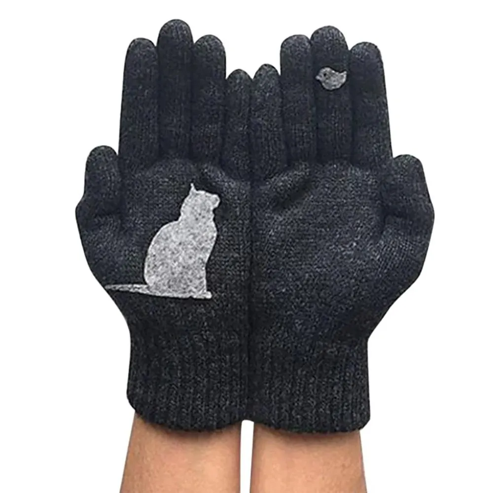 Stylish Cat and Bird Printed Knitted Cashmere Winter Gloves