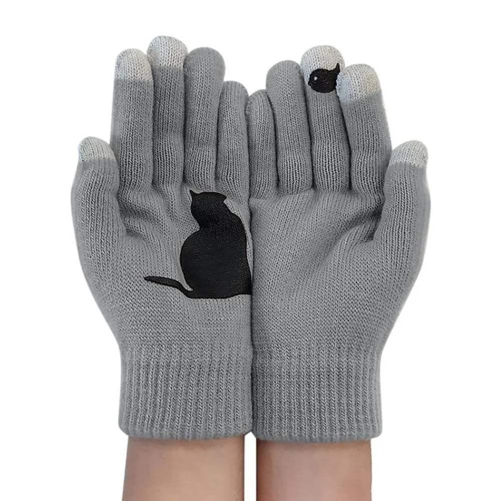 Stylish Cat and Bird Printed Knitted Cashmere Winter Gloves
