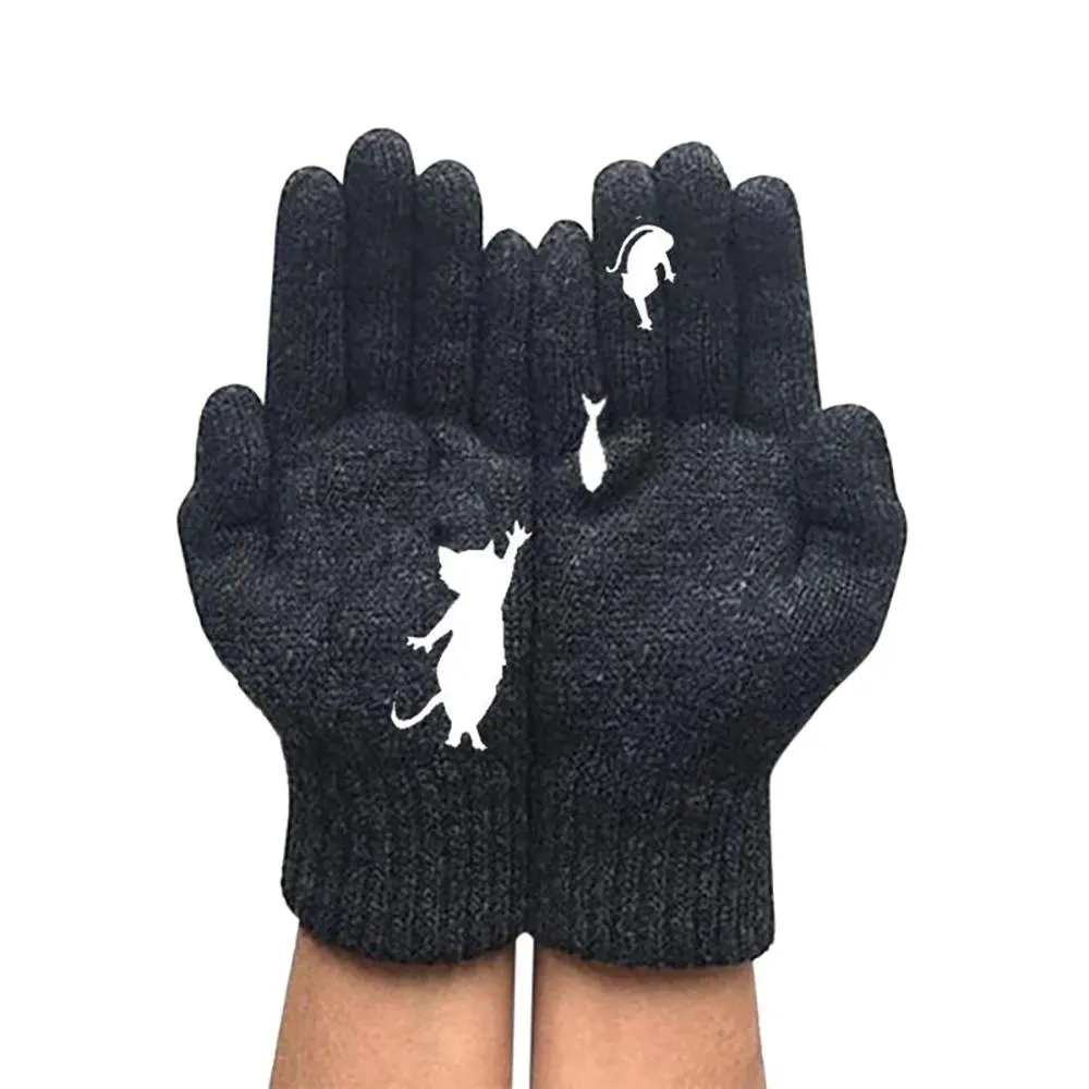 Stylish Cat and Bird Printed Knitted Cashmere Winter Gloves