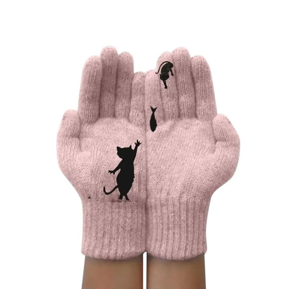 Stylish Cat and Bird Printed Knitted Cashmere Winter Gloves