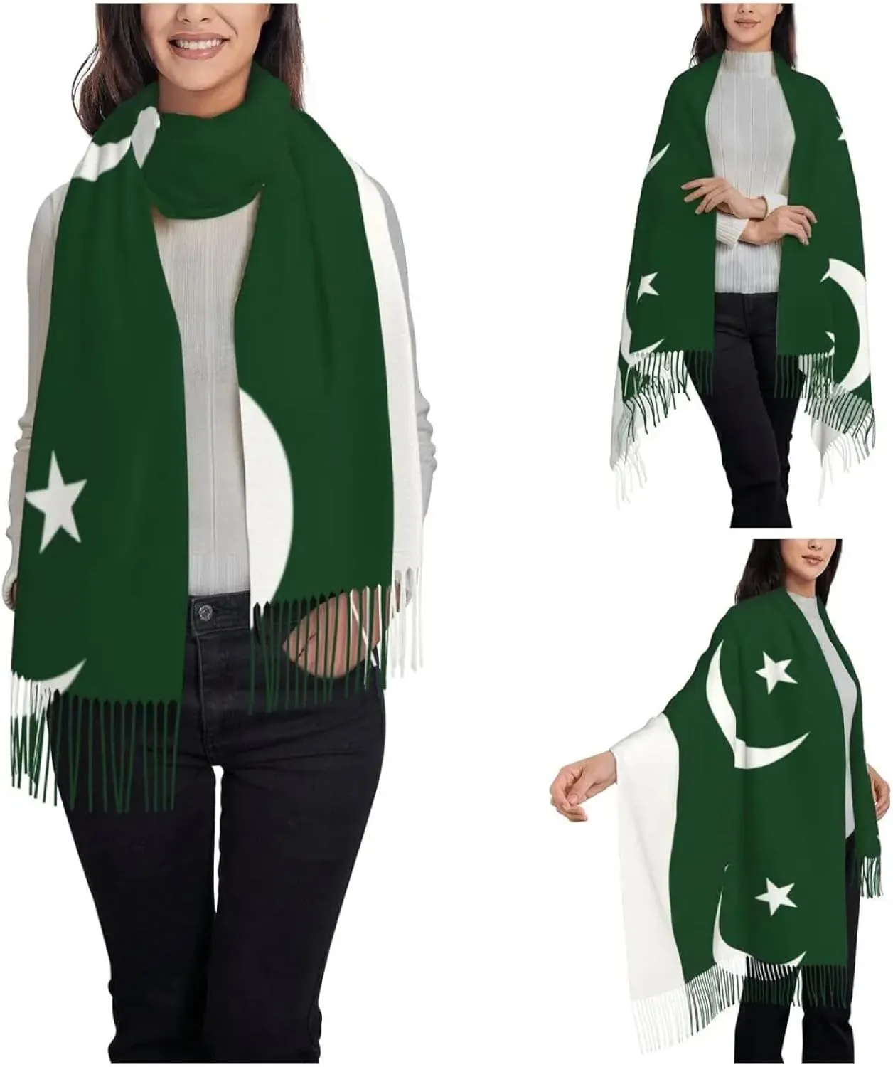 Warm Blanket Scarf for Winter - Women's Scarf with Tassel Pakistan Flag Long Winter Warm Shawl Wrap Gi