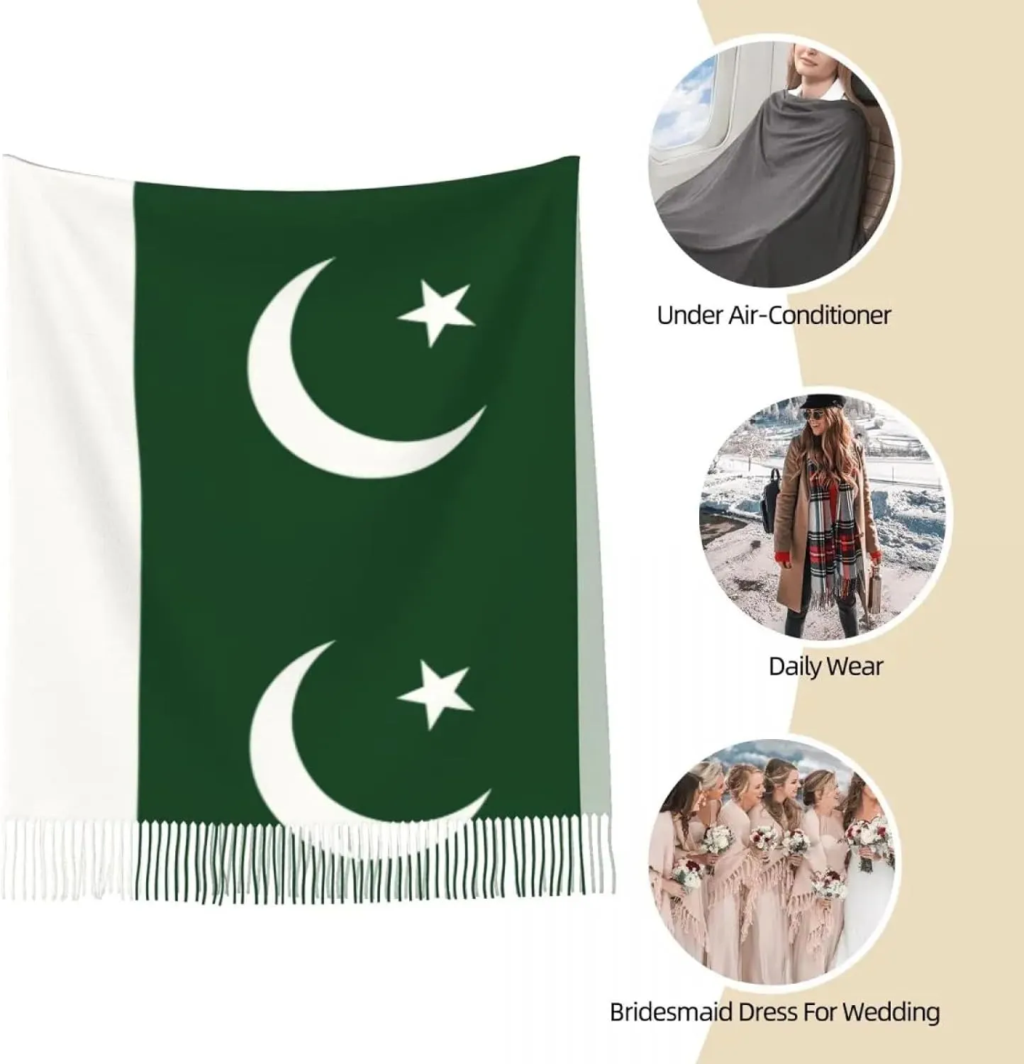 Warm Blanket Scarf for Winter - Women's Scarf with Tassel Pakistan Flag Long Winter Warm Shawl Wrap Gi