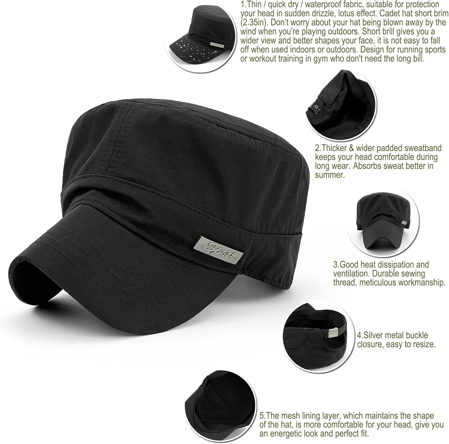 Waterproof Army Cadet Caps for Men Quick Dry Military Cadet Hats for Women Flat Top Patrol Castro Corps Dad Hat