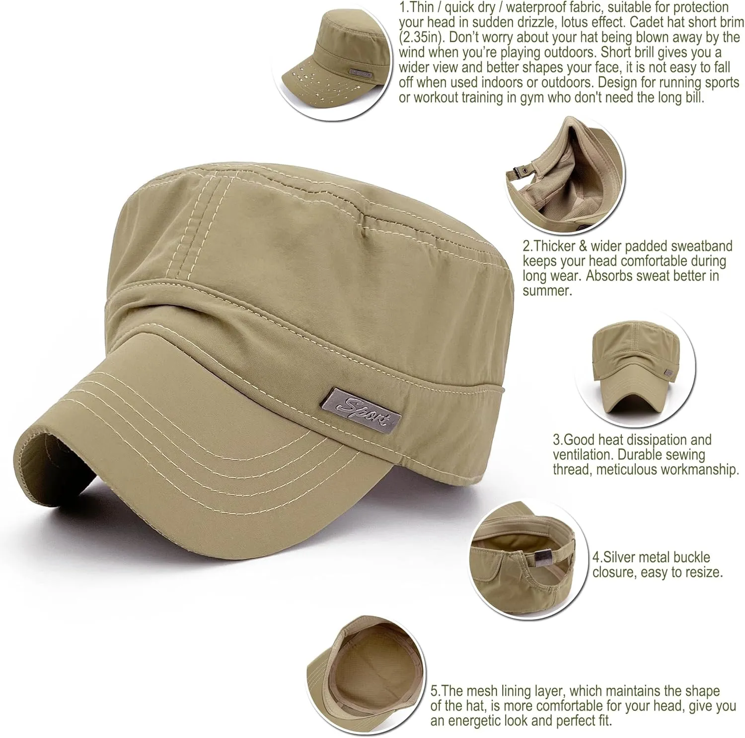 Waterproof Army Cadet Caps for Men Quick Dry Military Cadet Hats for Women Flat Top Patrol Castro Corps Dad Hat