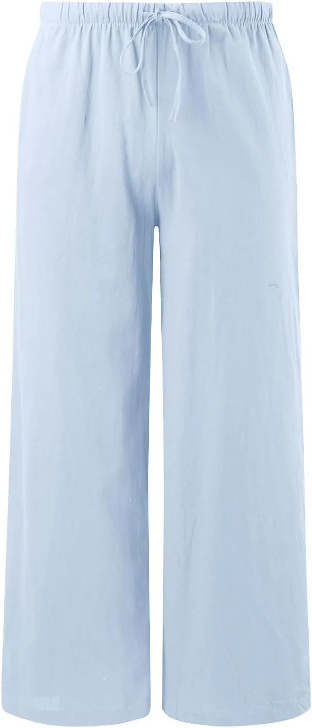 Wide Leg Linen Pants for Women Drawstring High Waisted Linen Palazzo Pants Flowy Comfy Lounge Pants with Pockets