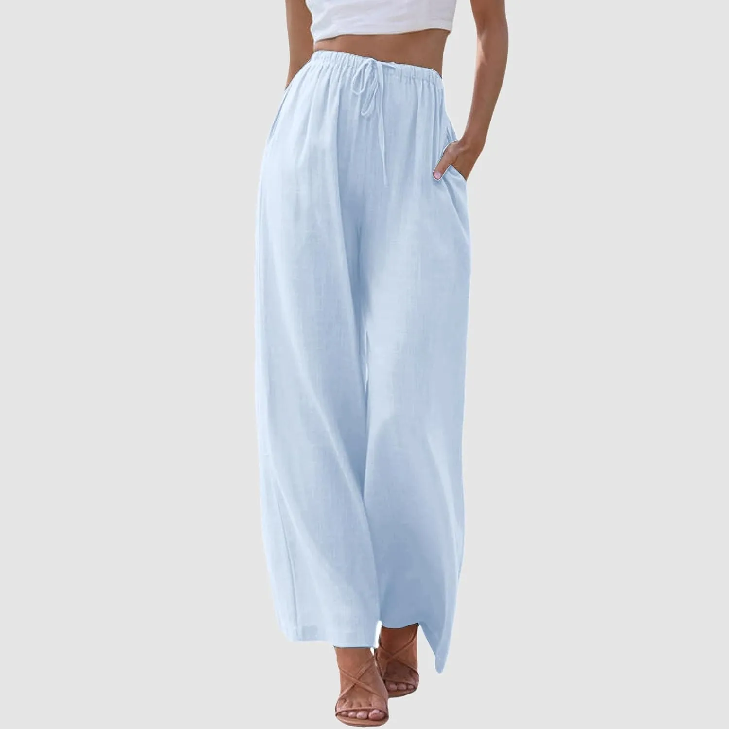 Wide Leg Linen Pants for Women Drawstring High Waisted Linen Palazzo Pants Flowy Comfy Lounge Pants with Pockets