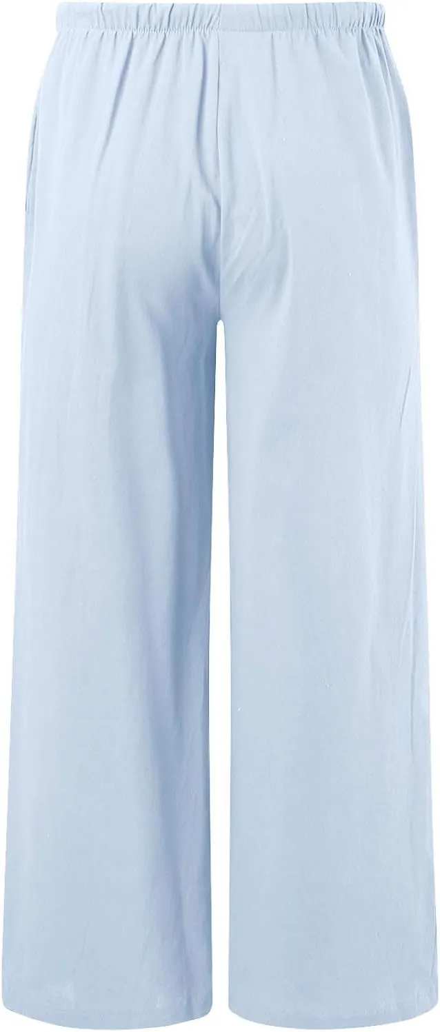 Wide Leg Linen Pants for Women Drawstring High Waisted Linen Palazzo Pants Flowy Comfy Lounge Pants with Pockets