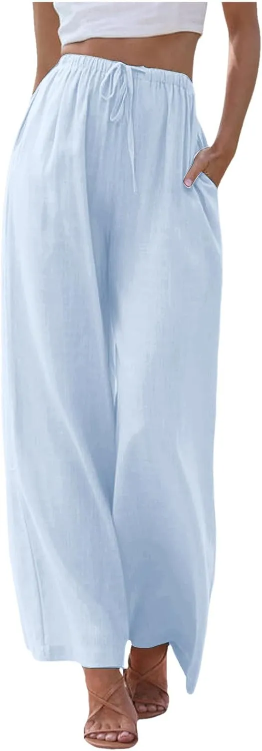 Wide Leg Linen Pants for Women Drawstring High Waisted Linen Palazzo Pants Flowy Comfy Lounge Pants with Pockets
