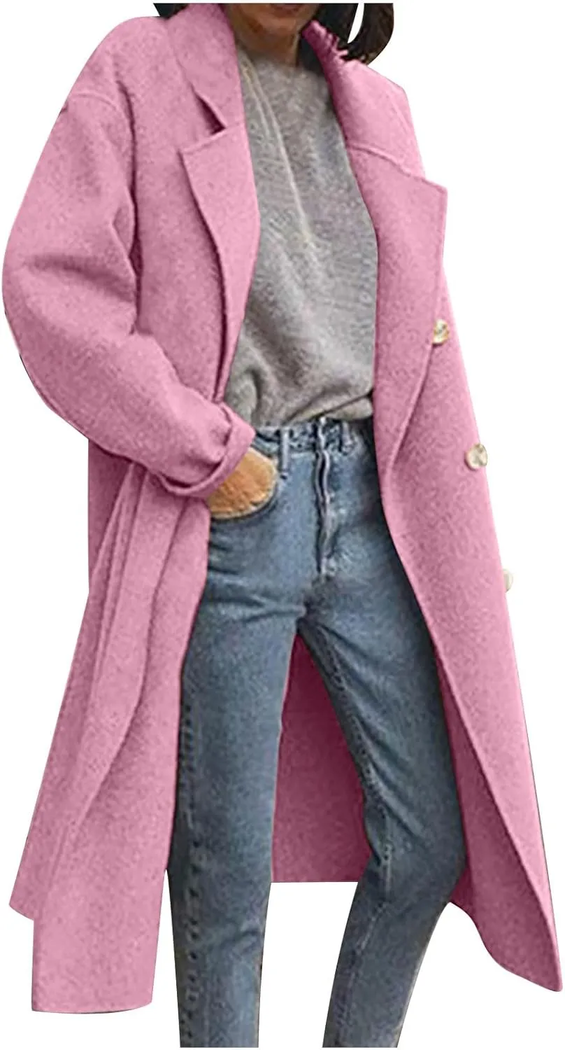 Winter Trench Coats for Women Double Breasted Thick Long Wool Coat Notch Lapel Overcoats Slim Pea Jacket With Belts