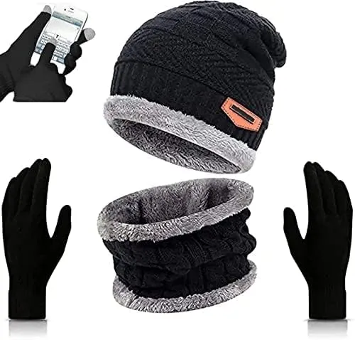Winter Woolen Beanie Cap Scarf and Touch Screen Gloves Set for Men Women Stretch Warm Winter Cap/Winter Cap for Men Stylish Black Color Winter Neck Cap(EV24)