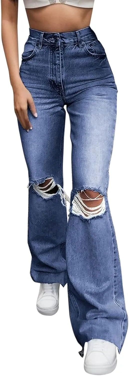 Womens High Waisted Bell Bottom Jeans Denim High Rise Flare Ripped Jean Pants for Curvy Women