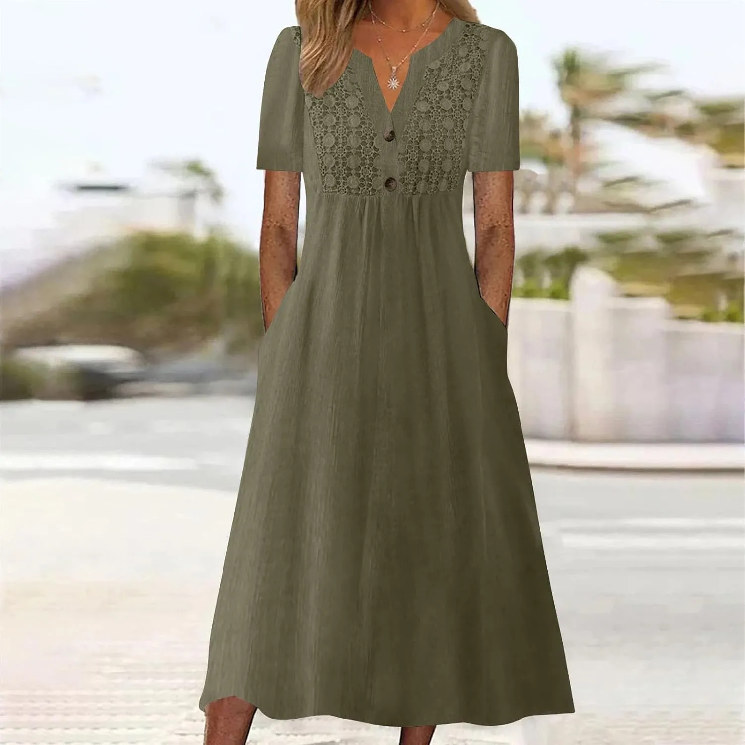 Women's Summer Petite Dress Casual Eyelet Hollow Out Short Sleeve Button V Neck A-line Dress Maxi Dress with Pockets