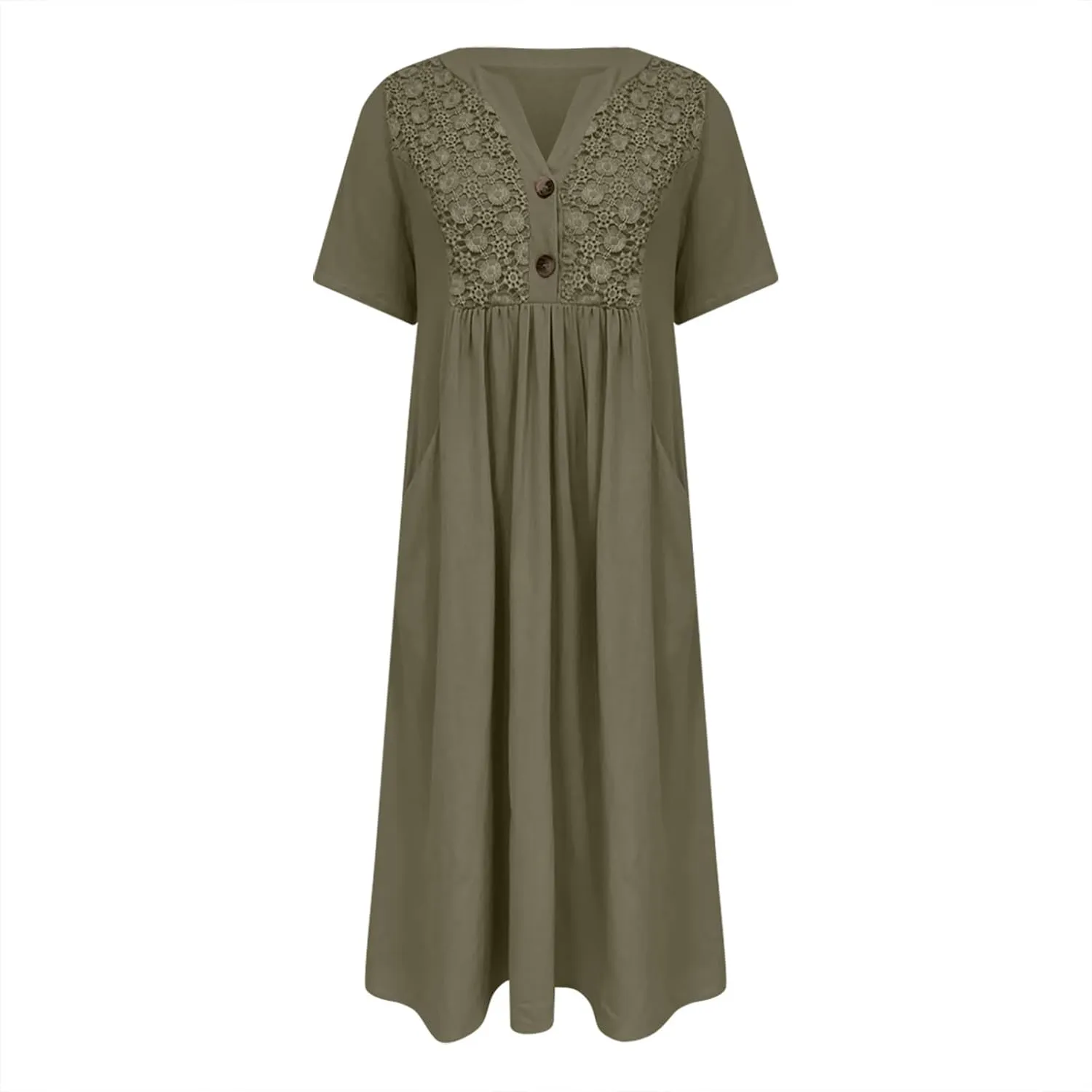 Women's Summer Petite Dress Casual Eyelet Hollow Out Short Sleeve Button V Neck A-line Dress Maxi Dress with Pockets