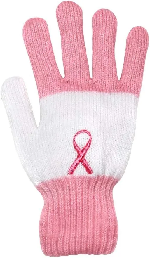 Womens Winter Set, Knitted Beanie with Pompom and Gloves, Pink Ribbon Breast Cancer Awareness